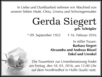 Traueranzeige von Gerda Siegert von Mitteldeutsche Zeitung Halle/Saalkreis