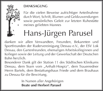 Traueranzeige von Hans-Jürgen Parusel von WVG - Wochenspiegel Dessau / Köthen