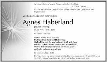 Traueranzeige von Agnes Haberland von Wochenspiegel Mansfelder Land
