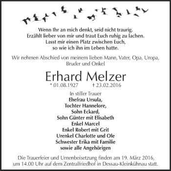 Traueranzeige von Erhard Melzer von WVG - Wochenspiegel Dessau / Köthen