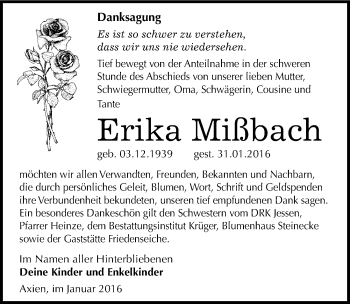 Traueranzeige von Erika Mißbach von Mitteldeutsche Zeitung Wittenberg