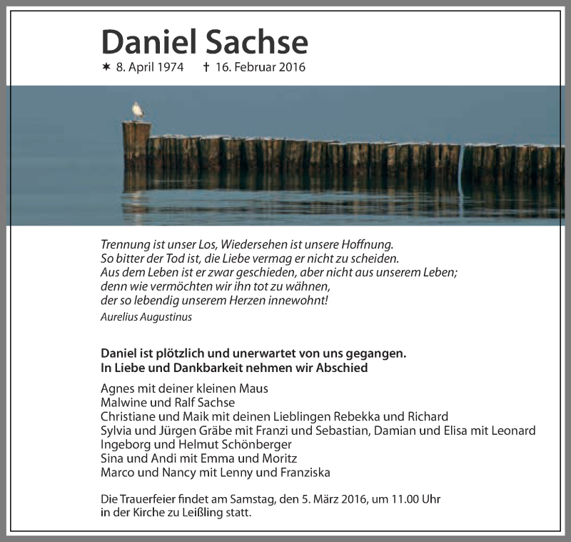  Traueranzeige für Daniel Sachse vom 02.03.2016 aus WVG - Wochenspiegel NMB / WSF / ZTZ