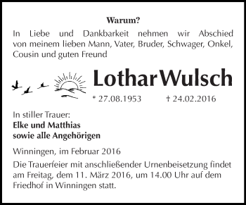Traueranzeige von Lothar Wulsch von WVG - Wochenspiegel Quedlinburg