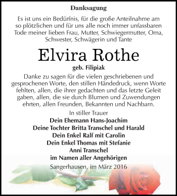 Traueranzeige von Elvira Rothe von Super Sonntag SGH Mansf. Land