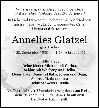 Traueranzeige von Annelies Glatzel von Mitteldeutsche Zeitung Weißenfels