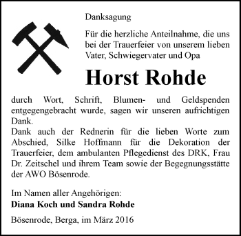 Traueranzeige von Horst Rohde von Mitteldeutsche Zeitung Sangerhausen