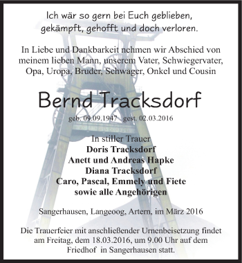 Traueranzeige von Bernd Tracksdorf von Mitteldeutsche Zeitung Sangerhausen
