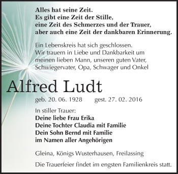 Traueranzeige von Alfred Ludt von Mitteldeutsche Zeitung Naumburg/Nebra