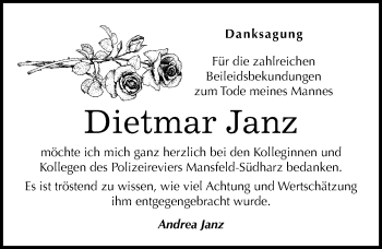 Traueranzeige von Dietmar Janz von Mitteldeutsche Zeitung Mansfelder Land
