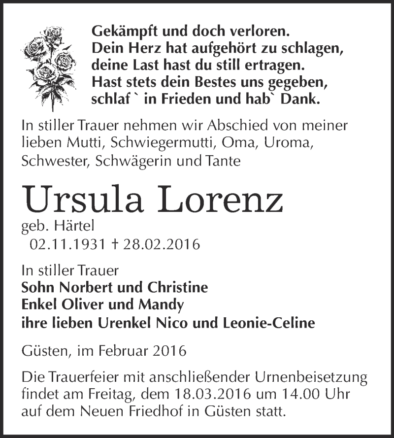  Traueranzeige für Ursula Lorenz vom 05.03.2016 aus Super Sonntag Bernburg
