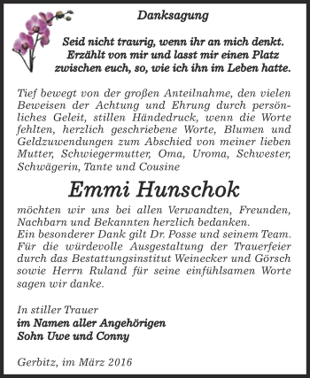Traueranzeige von Emmi Hunschok von Super Sonntag Bernburg