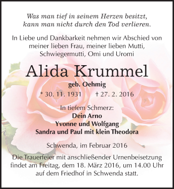 Traueranzeige von Alida Krummel von Mitteldeutsche Zeitung Sangerhausen