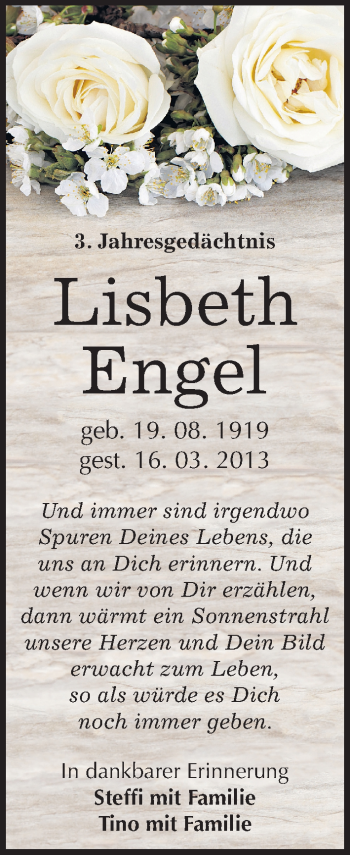Traueranzeige von Lisbeth Engel von Mitteldeutsche Zeitung Halle/Saalkreis