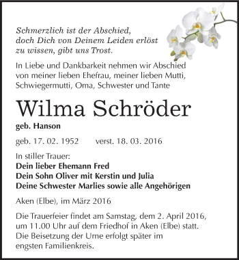 Traueranzeige von Wilma Schröder von Mitteldeutsche Zeitung Köthen