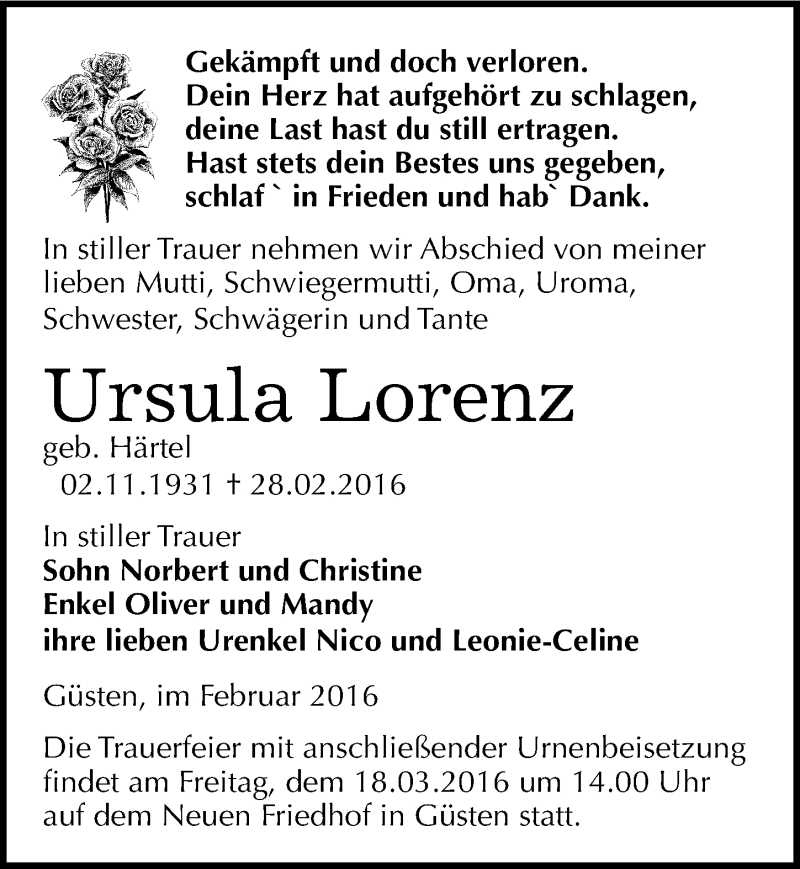  Traueranzeige für Ursula Lorenz vom 05.03.2016 aus Mitteldeutsche Zeitung Bernburg