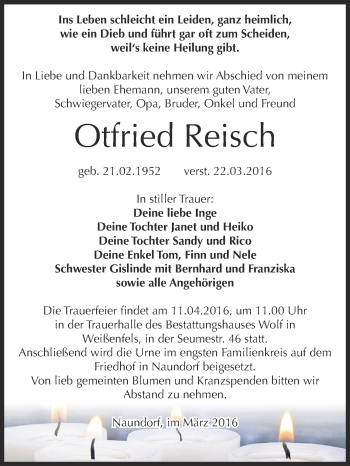 Traueranzeige von Otfried Reisch von WVG - Wochenspiegel NMB / WSF / ZTZ