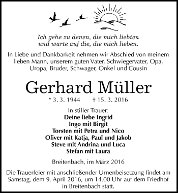 Traueranzeige von Gerhard Müller von Mitteldeutsche Zeitung Sangerhausen