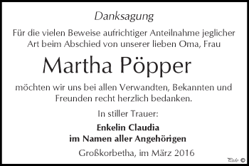 Traueranzeige von Martha Pöpper von WVG - Wochenspiegel NMB / WSF / ZTZ