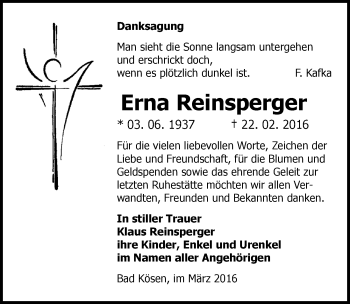 Traueranzeige von Erna Reinsperger von Mitteldeutsche Zeitung Naumburg/Nebra