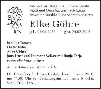 Traueranzeige von Elke Göhre von Super Sonntag Aschersleben