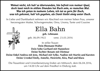 Traueranzeige von Ella Bahn von Mitteldeutsche Zeitung Köthen