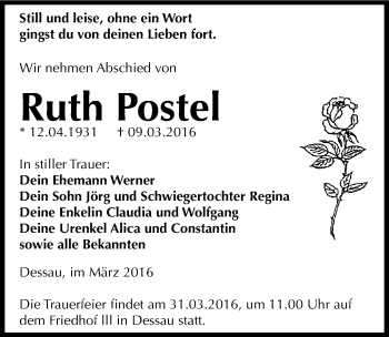 Traueranzeige von Ruth Postel von Mitteldeutsche Zeitung Dessau-Roßlau
