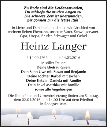 Traueranzeige von Heinz Langer von Mitteldeutsche Zeitung Köthen