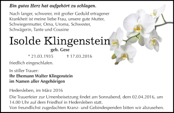 Traueranzeige von Isolde Klingenstein von Wochenspiegel Mansfelder Land
