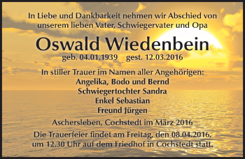 Traueranzeige von Oswald Wiedenbein von Mitteldeutsche Zeitung Aschersleben