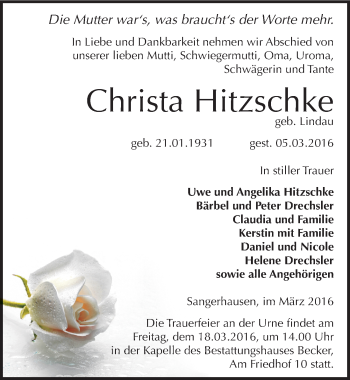 Traueranzeige von Christa Hitzschke von Mitteldeutsche Zeitung Sangerhausen