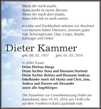 Traueranzeige von Dieter Kammer von Mitteldeutsche Zeitung Merseburg/Querfurt