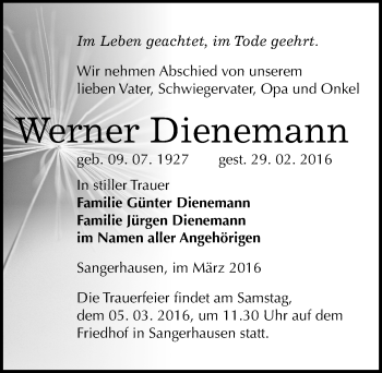 Traueranzeige von Werner Dienemann von Mitteldeutsche Zeitung Sangerhausen