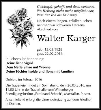 Traueranzeige von Walter Karger von Mitteldeutsche Zeitung Wittenberg