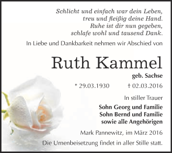 Traueranzeige von Ruth Kammel von WVG - Wochenspiegel Wittenberg