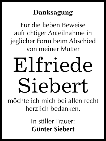 Traueranzeige von Elfriede Siebert von Mitteldeutsche Zeitung Mansfelder Land