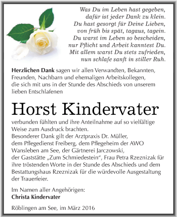 Traueranzeige von Horst Kindervater von Super Sonntag SGH Mansf. Land