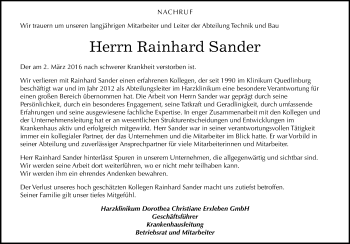 Traueranzeige von Rainhard Sander von Mitteldeutsche Zeitung Quedlinburg