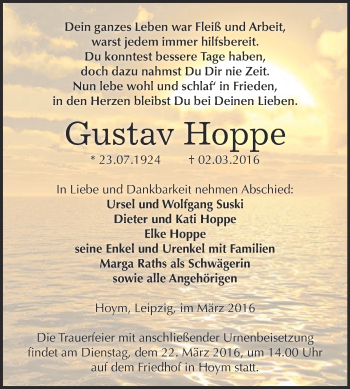 Traueranzeige von Gustav Hoppe von Super Sonntag Aschersleben