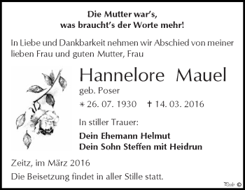 Traueranzeige von Hannelore Mauel von Super Sonntag Zeitz