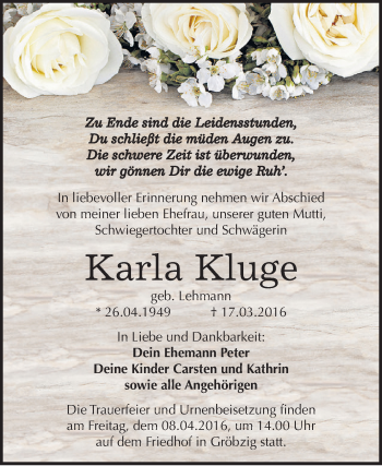 Traueranzeige von Karla Kluge von WVG - Wochenspiegel Dessau / Köthen