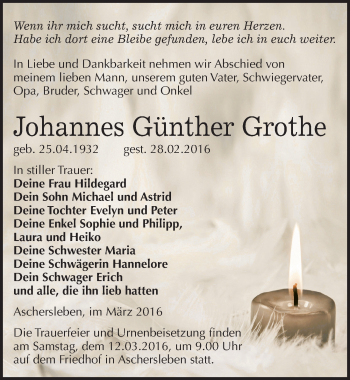Traueranzeige von Johannes Günther Grothe von Mitteldeutsche Zeitung Aschersleben