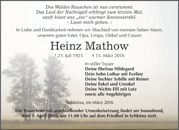 Traueranzeige von Heinz Mathow von WVG - Wochenspiegel Wittenberg
