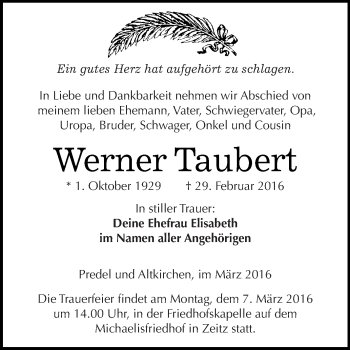 Traueranzeige von Werner Taubert von Super Sonntag Zeitz