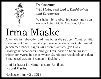 Traueranzeige von Irma Maske von Wochenspiegel Mansfelder Land