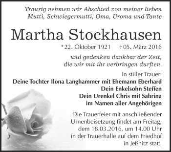 Traueranzeige von Martha Stockhausen von WVG - Wochenspiegel Bitterfeld