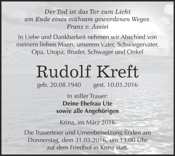 Traueranzeige von Rudolf Kreft von WVG - Wochenspiegel Wittenberg