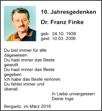 Traueranzeige von Franz Finke von Mitteldeutsche Zeitung Wittenberg