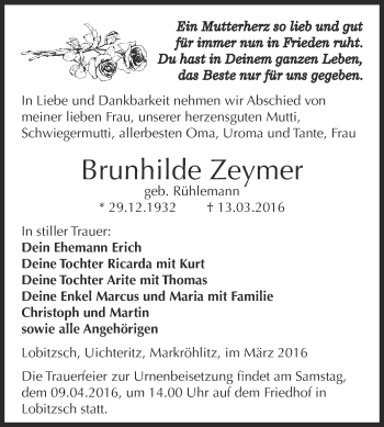 Traueranzeige von Brunhilde Zeymer von WVG - Wochenspiegel NMB / WSF / ZTZ