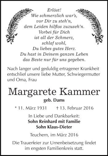 Traueranzeige von Margarete Kammer von WVG - Wochenspiegel NMB / WSF / ZTZ