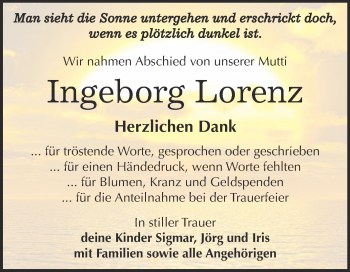 Traueranzeige von Ingeborg Lorenz von WVG - Wochenspiegel NMB / WSF / ZTZ